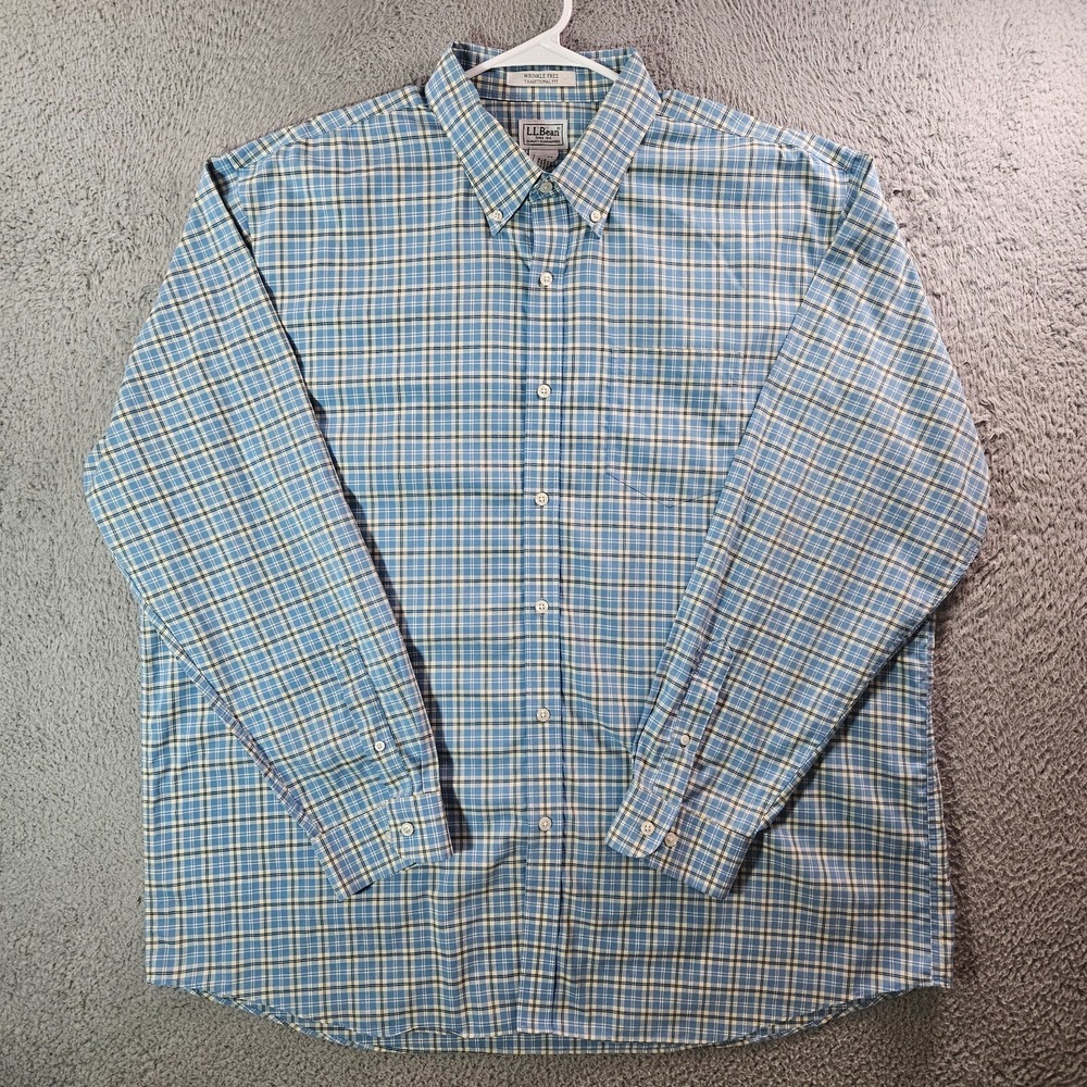 LL Bean Shirt Men XXL Button Up Long Sleeve Blue‎ White Yellow Plaid